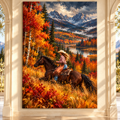 Cowgirl Horseback Riding Wrapped Canvas Wall Art – Autumn Mountain Western Painting