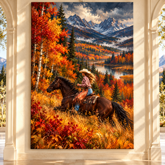 Cowgirl Horseback Riding Wrapped Canvas Wall Art – Autumn Mountain Western Painting - ART OF ROYALS