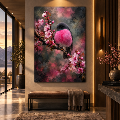 Pink Robin on Cherry Blossom Branch Wrapped Canvas Wall Art – Romantic Floral Bird Painting