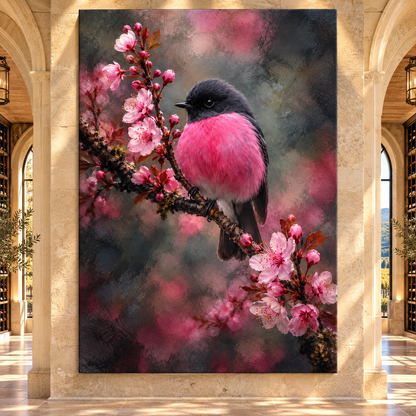 Pink Robin on Cherry Blossom Branch Wrapped Canvas Wall Art – Romantic Floral Bird Painting