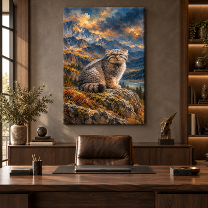 Pallas's Cat Mountain Wrapped Canvas Wall Art – Wild Manul Landscape Painting