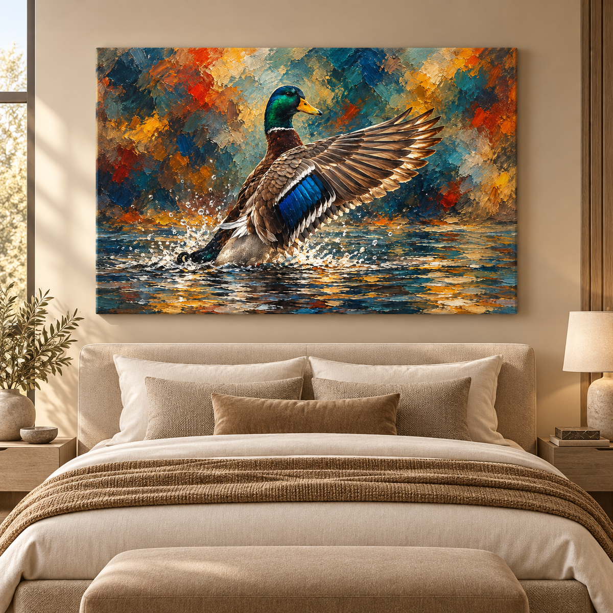 Mallard Duck Wings Spread Wrapped Canvas Wall Art – Colorful Waterfowl Painting