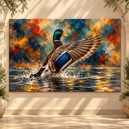 Mallard Duck Wings Spread Wrapped Canvas Wall Art – Colorful Waterfowl Painting