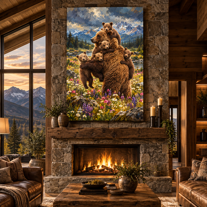 Grizzly Bear Mother With Cubs Wrapped Canvas Wall Art – Mountain Bear Family Painting