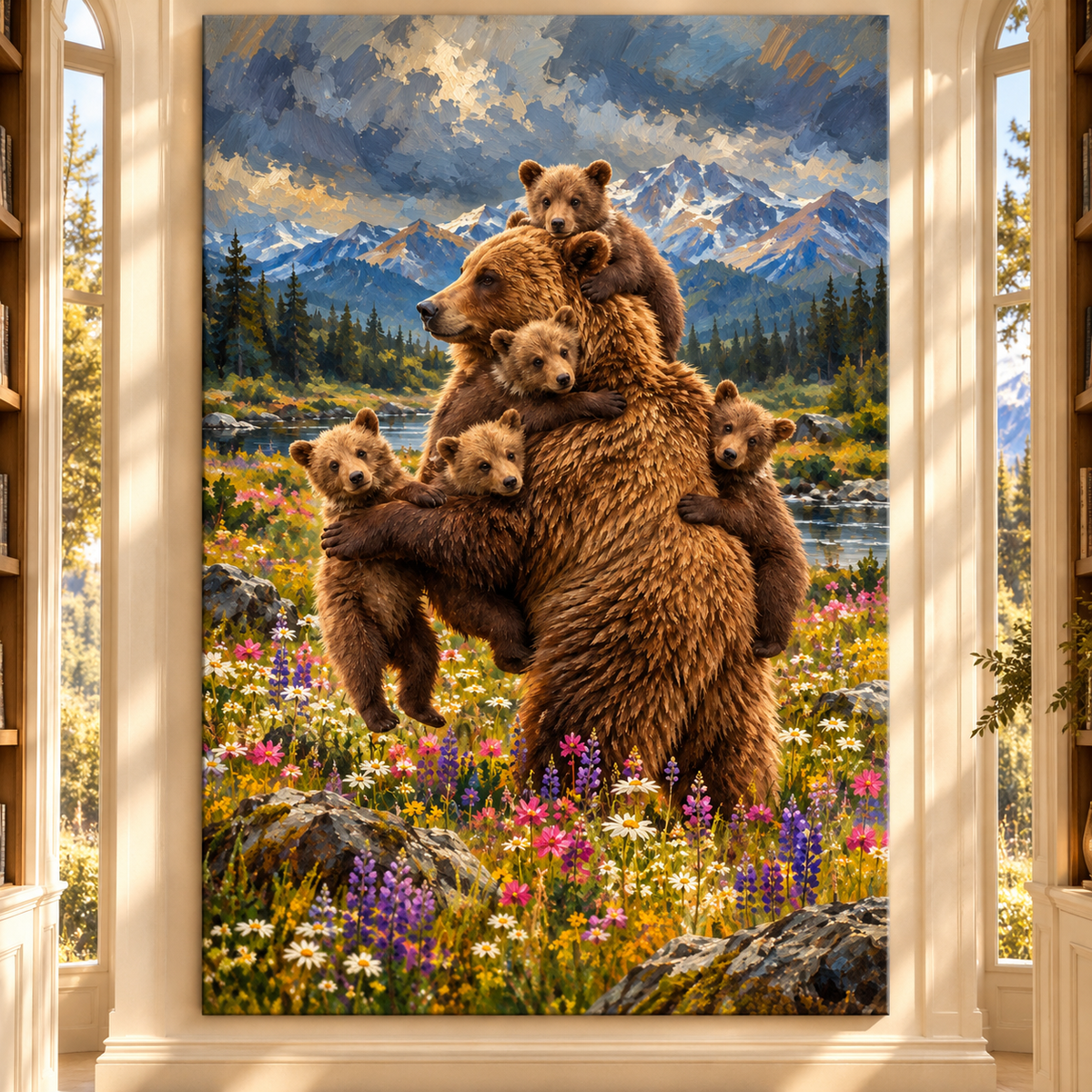 Grizzly Bear Mother With Cubs Wrapped Canvas Wall Art – Mountain Bear Family Painting