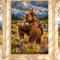 Grizzly Bear Mother With Cubs Wrapped Canvas Wall Art – Mountain Bear Family Painting