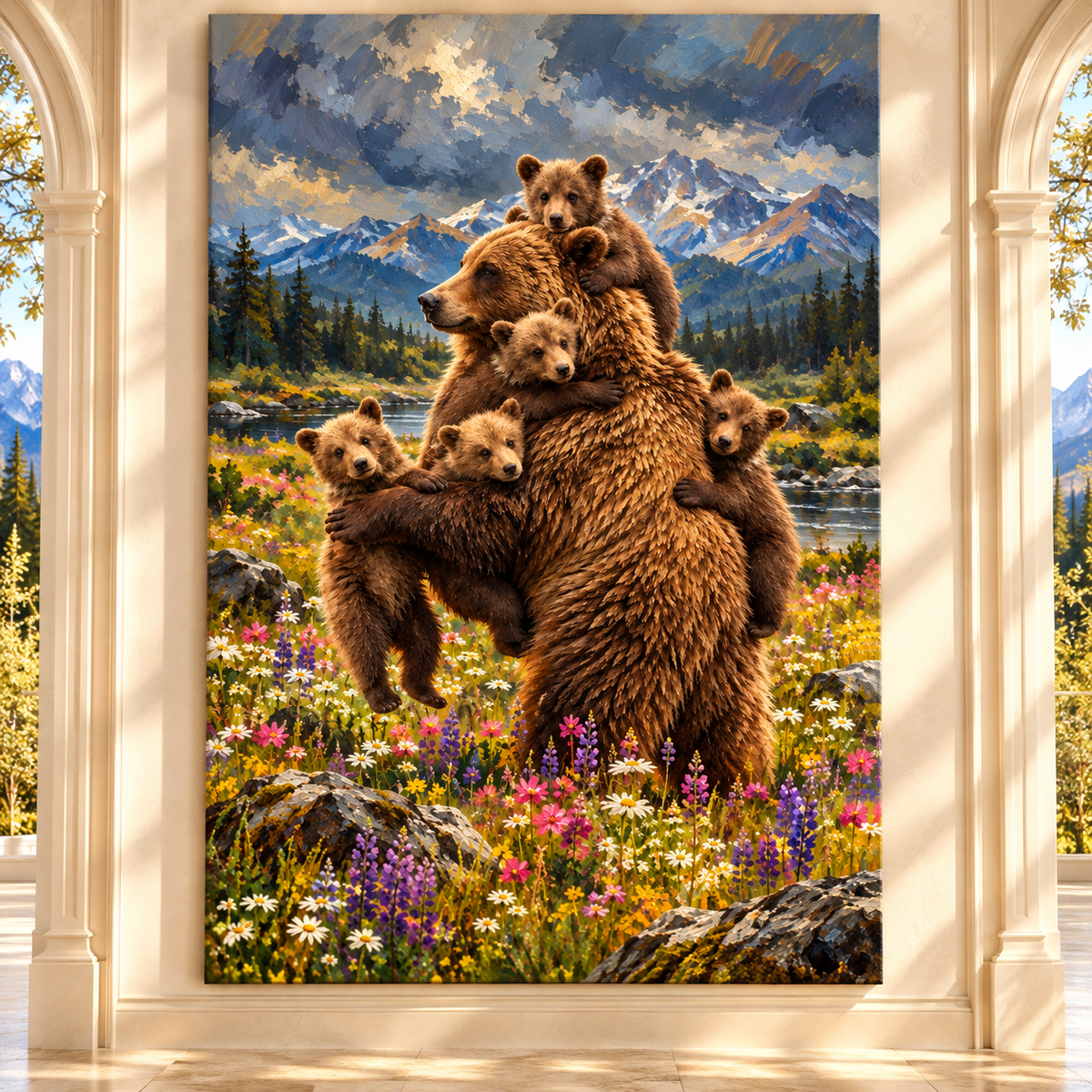 Grizzly Bear Mother With Cubs Wrapped Canvas Wall Art – Mountain Bear Family Painting
