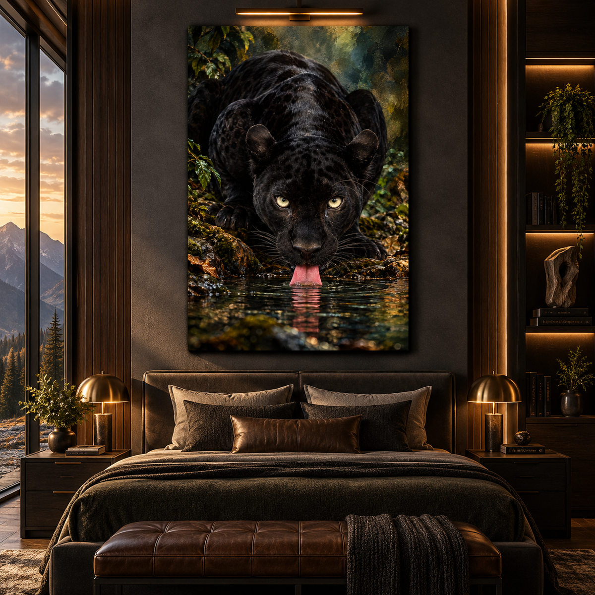 Black Panther Drinking Water Wrapped Canvas Wall Art – Dark Jaguar Wildlife Painting