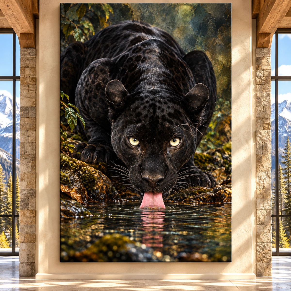 Black Panther Drinking Water Wrapped Canvas Wall Art – Dark Jaguar Wildlife Painting