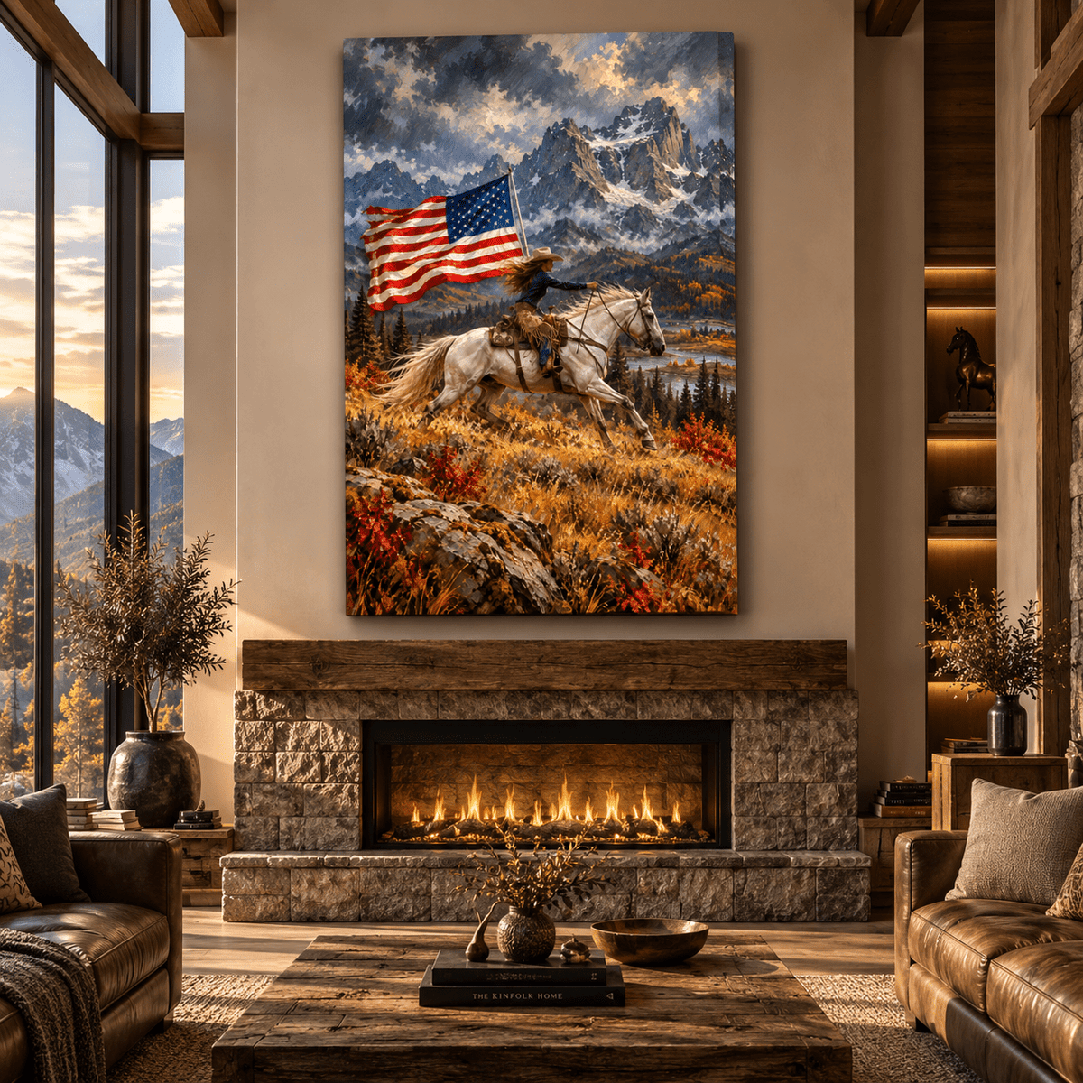 Patriotic Cowgirl Horseback Riding Wrapped Canvas Wall Art – American Flag Western Mountain Painting - ART OF ROYALS