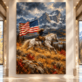 Patriotic Cowgirl Horseback Riding Wrapped Canvas Wall Art – American Flag Western Mountain Painting