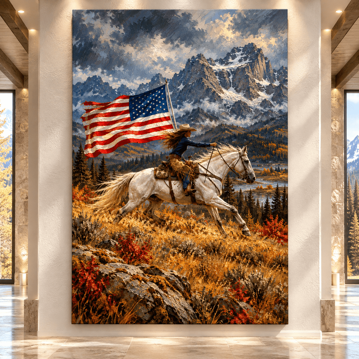 Patriotic Cowgirl Horseback Riding Wrapped Canvas Wall Art – American Flag Western Mountain Painting - ART OF ROYALS