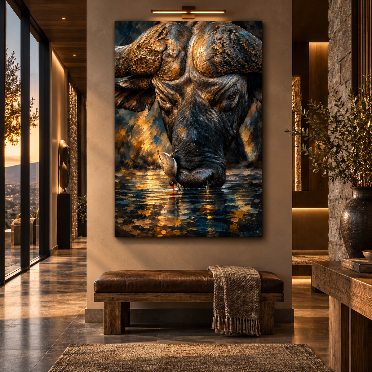 African Buffalo Drinking Water Wrapped Canvas Wall Art – Cape Buffalo & Oxpecker Wildlife Painting