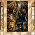 African Buffalo Drinking Water Wrapped Canvas Wall Art – Cape Buffalo & Oxpecker Wildlife Painting