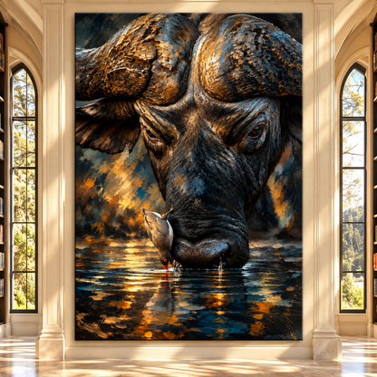 African Buffalo Drinking Water Wrapped Canvas Wall Art – Cape Buffalo & Oxpecker Wildlife Painting