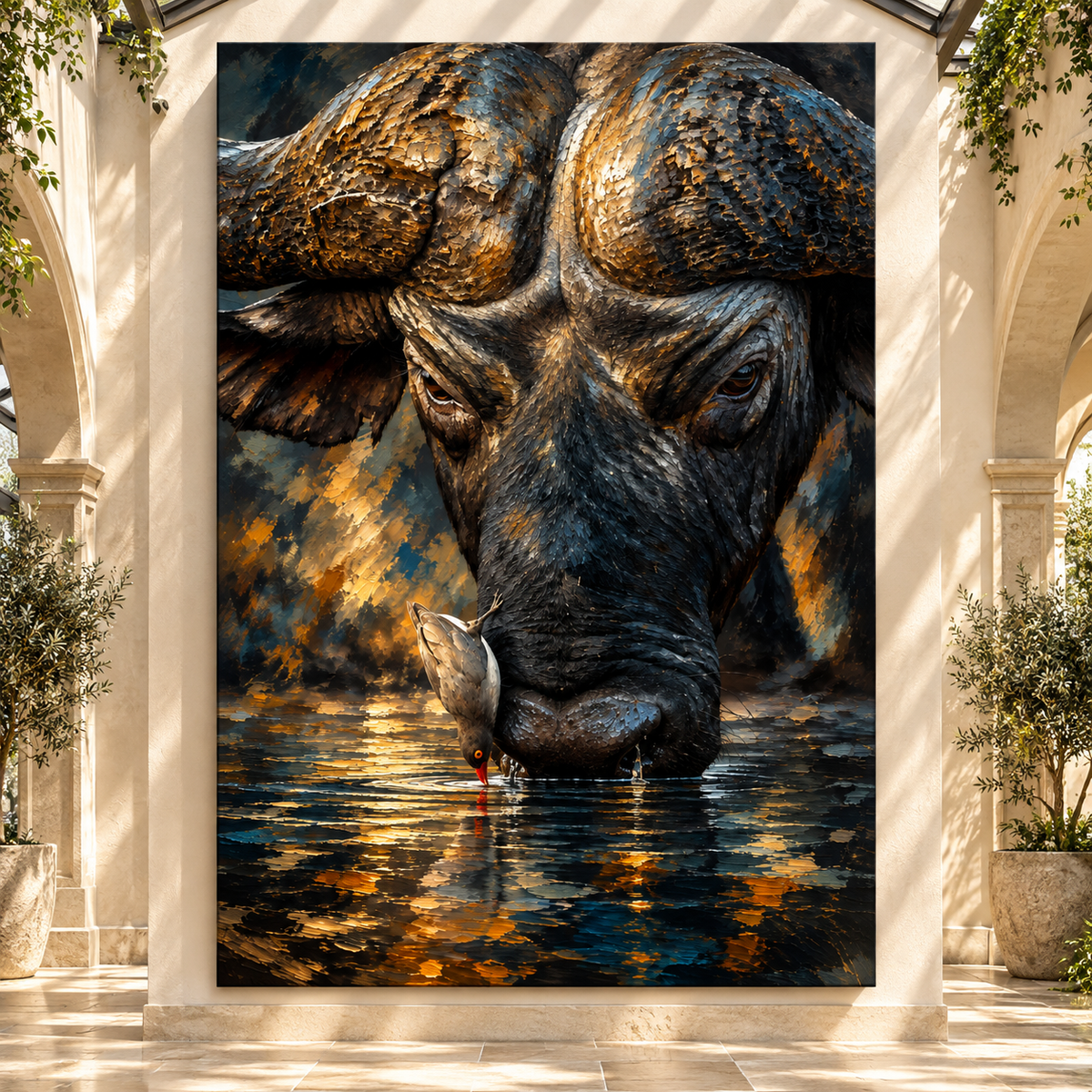 African Buffalo Drinking Water Wrapped Canvas Wall Art – Cape Buffalo & Oxpecker Wildlife Painting