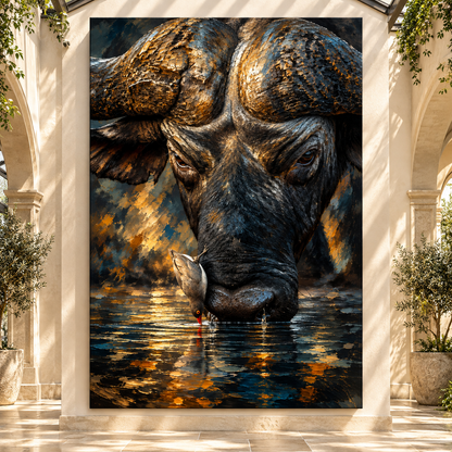 African Buffalo Drinking Water Wrapped Canvas Wall Art – Cape Buffalo & Oxpecker Wildlife Painting