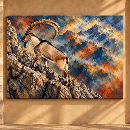 Alpine Ibex Mountain Wrapped Canvas Wall Art – Majestic Wild Goat Painting
