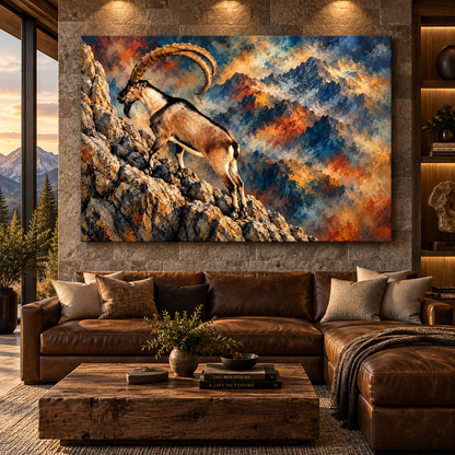 Alpine Ibex Mountain Wrapped Canvas Wall Art – Majestic Wild Goat Painting