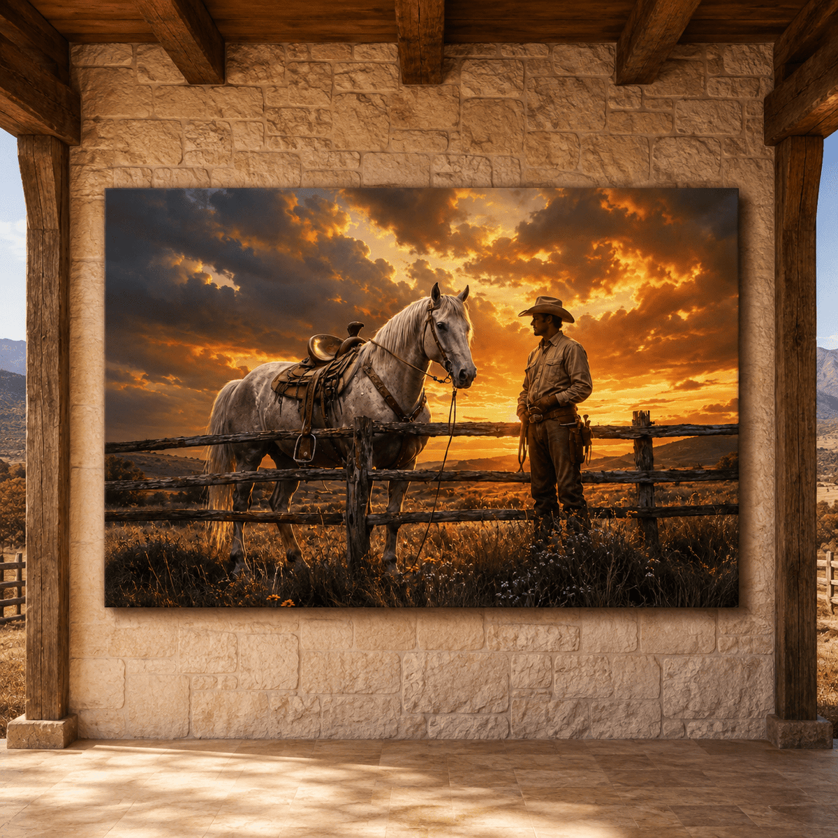 Cowboy and Horse at Sunset Wrapped Canvas Wall Art – Western Ranch Photography Print - ART OF ROYALS