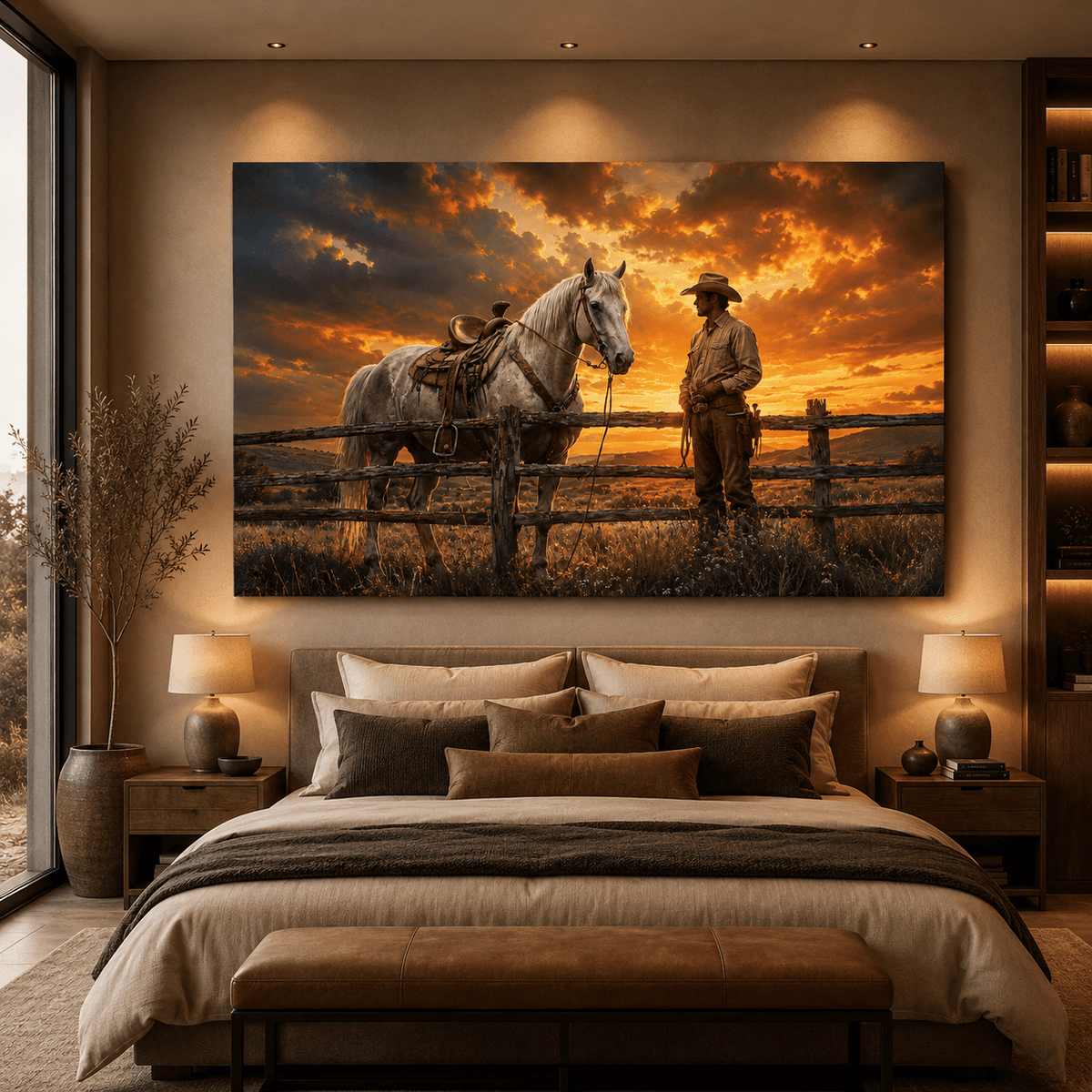 Cowboy and Horse at Sunset Wrapped Canvas Wall Art – Western Ranch Photography Print - ART OF ROYALS