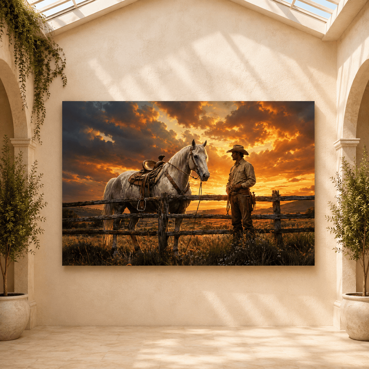 Cowboy and Horse at Sunset Wrapped Canvas Wall Art – Western Ranch Photography Print - ART OF ROYALS