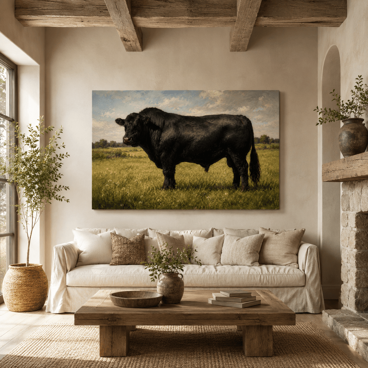 Black Angus Bull in Meadow Wrapped Canvas Wall Art – Classical Livestock Oil Painting Print - ART OF ROYALS