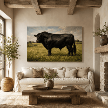 Black Angus Bull in Meadow Wrapped Canvas Wall Art – Classical Livestock Oil Painting Print - ART OF ROYALS
