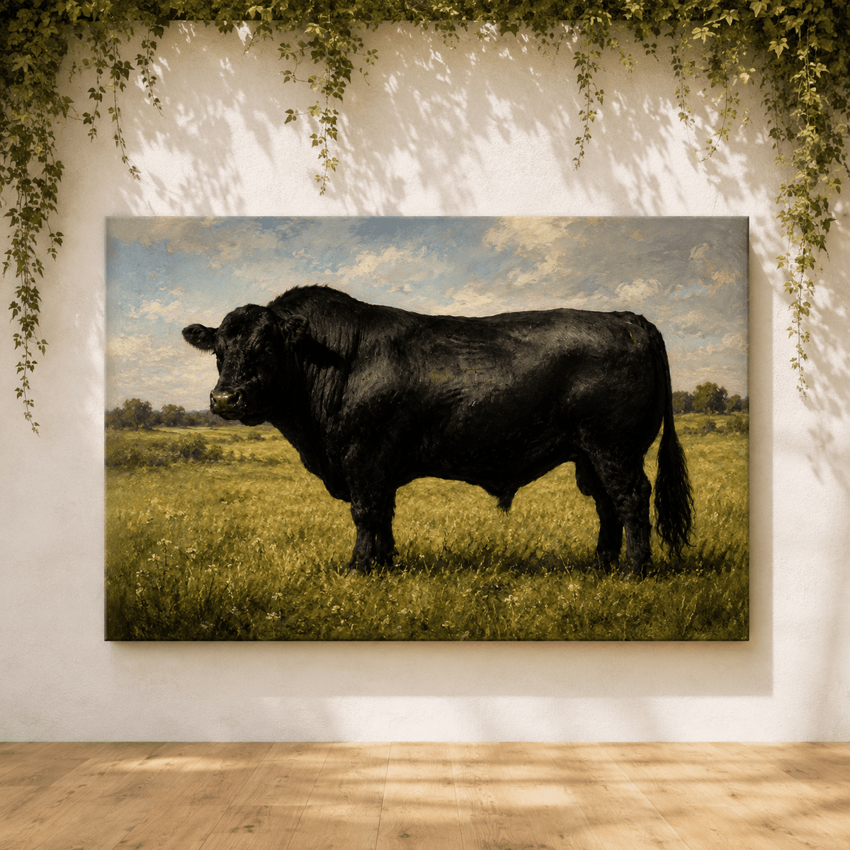 Black Angus Bull in Meadow Wrapped Canvas Wall Art – Classical Livestock Oil Painting Print - ART OF ROYALS