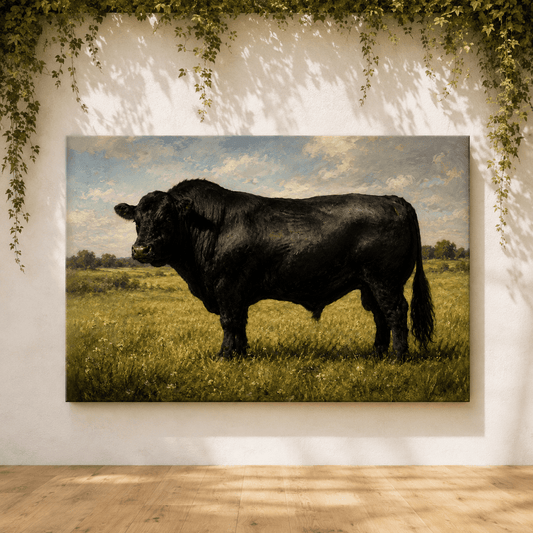 Black Angus Bull in Meadow Wrapped Canvas Wall Art – Classical Livestock Oil Painting Print - ART OF ROYALS