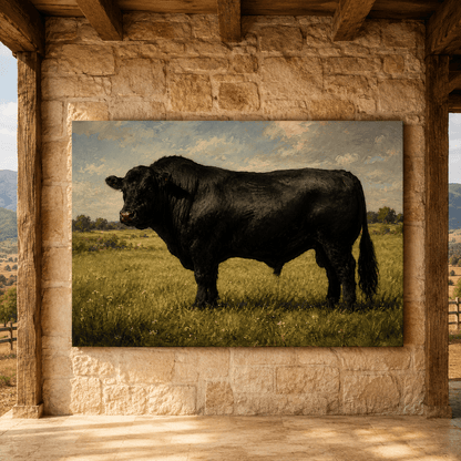 Black Angus Bull in Meadow Wrapped Canvas Wall Art – Classical Livestock Oil Painting Print - ART OF ROYALS