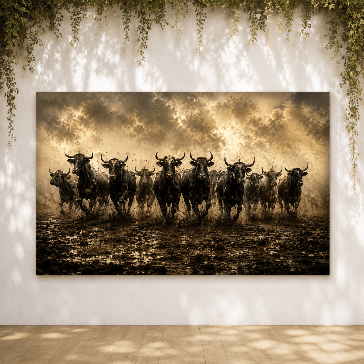 Stampeding Bull Herd Wrapped Canvas Wall Art – Dramatic Cattle Stampede Photography Print - ART OF ROYALS