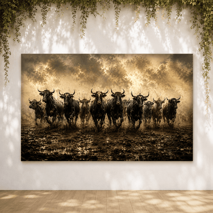 Stampeding Bull Herd Wrapped Canvas Wall Art – Dramatic Cattle Stampede Photography Print - ART OF ROYALS