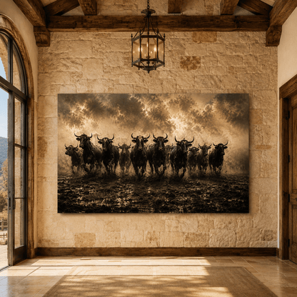 Stampeding Bull Herd Wrapped Canvas Wall Art – Dramatic Cattle Stampede Photography Print - ART OF ROYALS