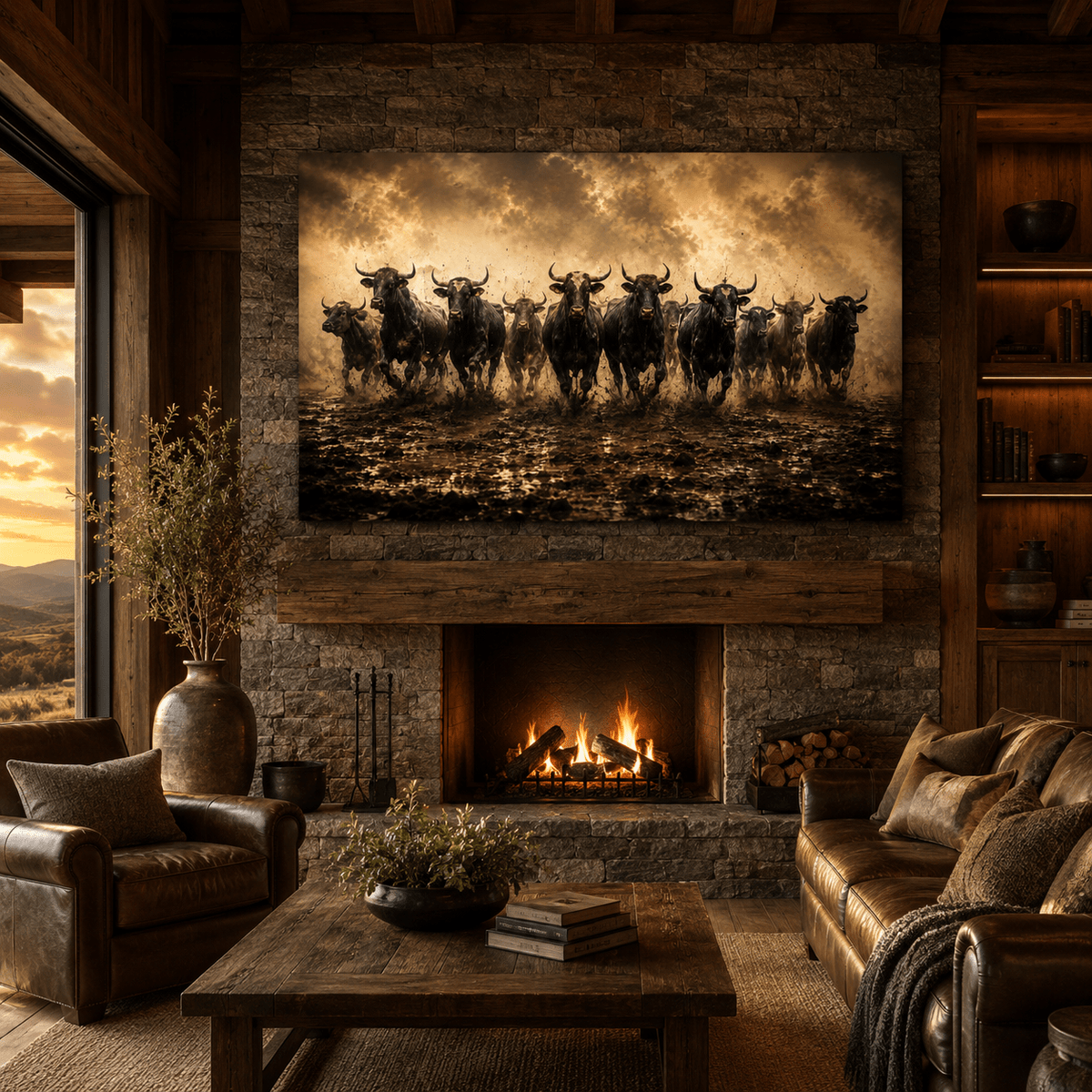 Stampeding Bull Herd Wrapped Canvas Wall Art – Dramatic Cattle Stampede Photography Print - ART OF ROYALS