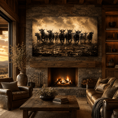 Stampeding Bull Herd Wrapped Canvas Wall Art – Dramatic Cattle Stampede Photography Print - ART OF ROYALS