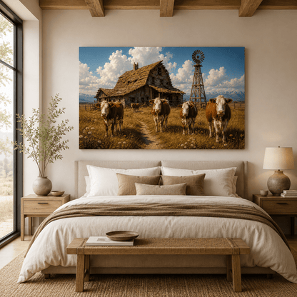 Hereford Cattle at Homestead Wrapped Canvas Wall Art – Rustic Americana Farm Landscape Print - ART OF ROYALS