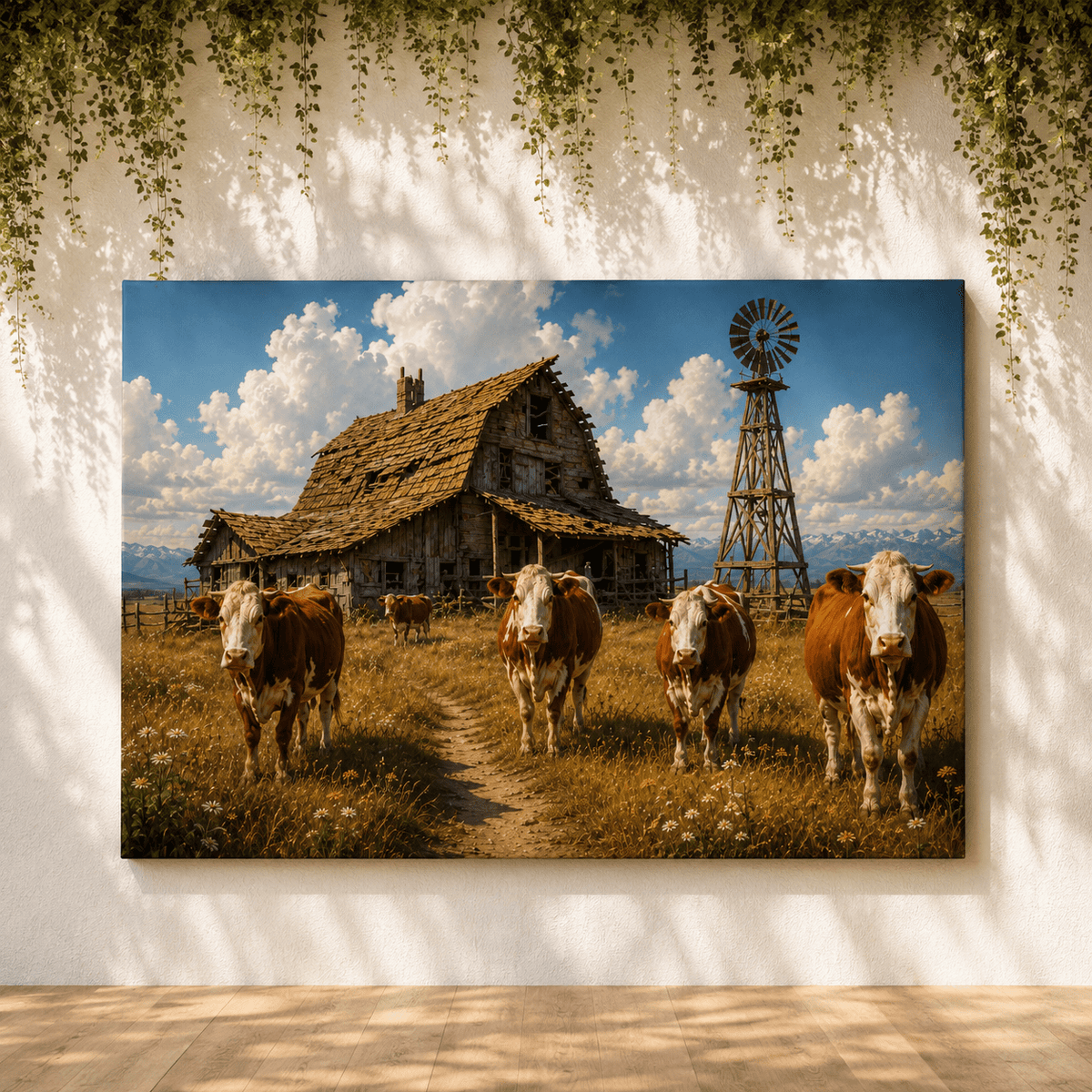 Hereford Cattle at Homestead Wrapped Canvas Wall Art – Rustic Americana Farm Landscape Print - ART OF ROYALS