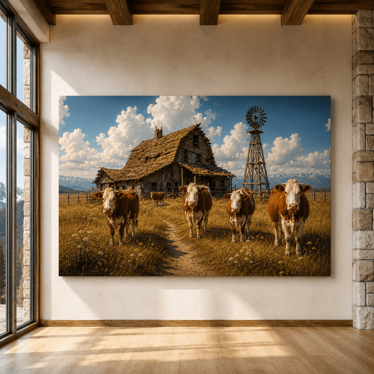 Hereford Cattle at Homestead Wrapped Canvas Wall Art – Rustic Americana Farm Landscape Print - ART OF ROYALS