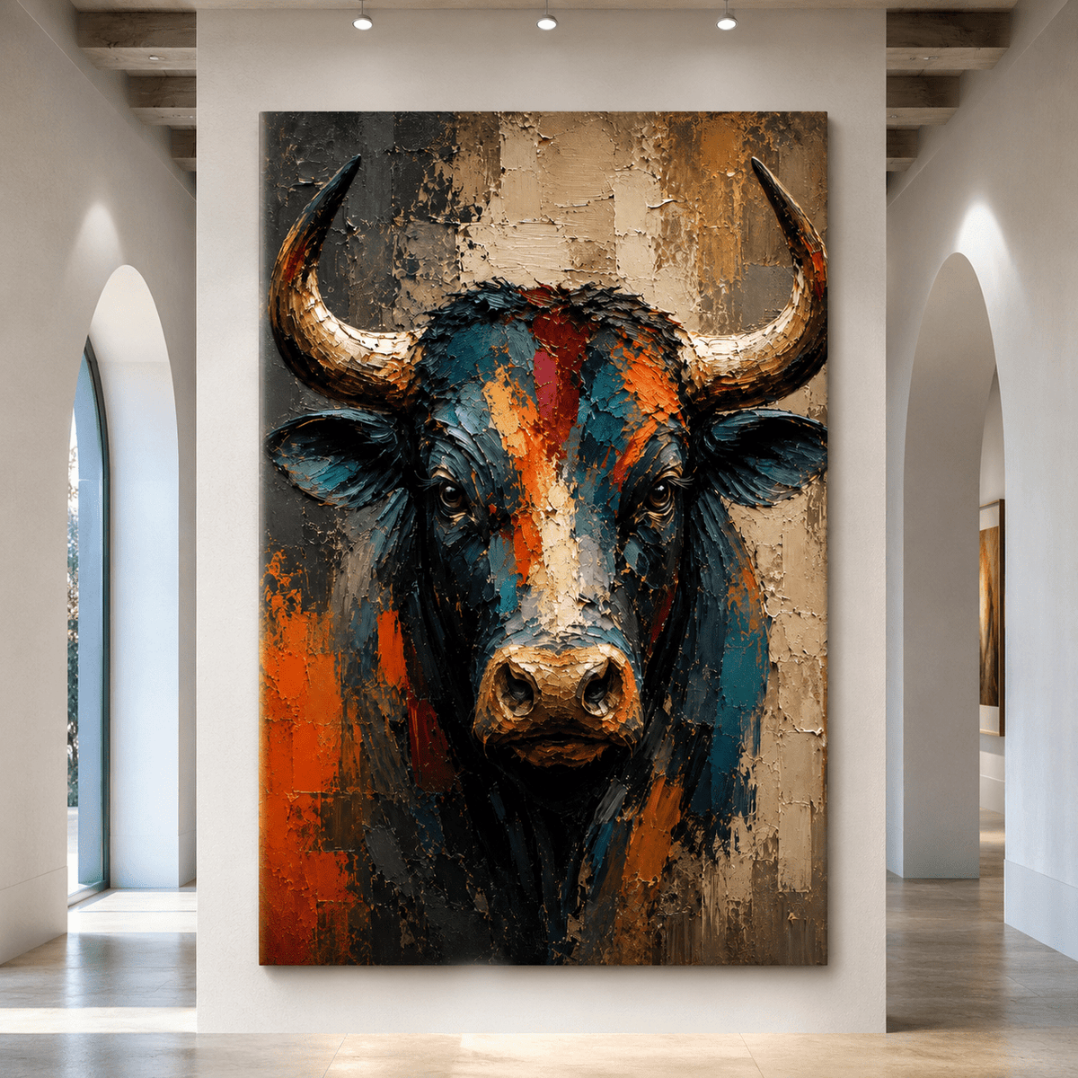 Abstract Bull Head Wrapped Canvas Wall Art – Bold Modern Impasto Painting Print - ART OF ROYALS