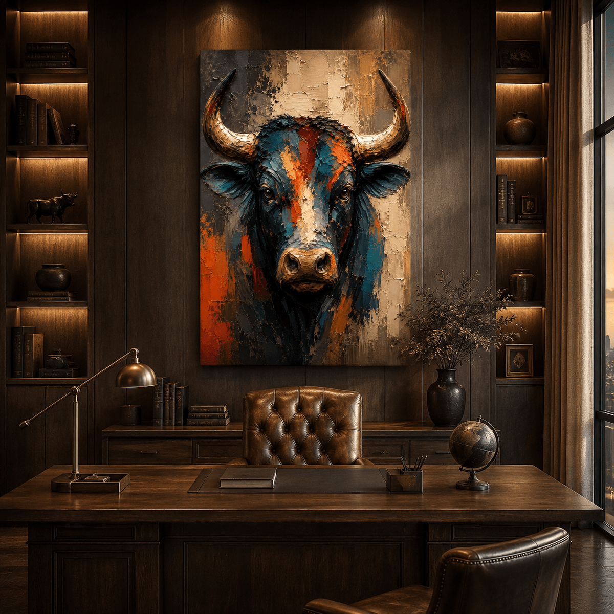 Abstract Bull Head Wrapped Canvas Wall Art – Bold Modern Impasto Painting Print - ART OF ROYALS