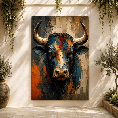Abstract Bull Head Wrapped Canvas Wall Art – Bold Modern Impasto Painting Print - ART OF ROYALS