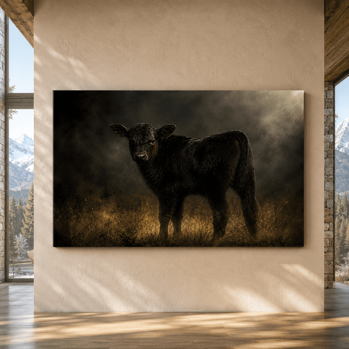 Backlit Black Angus Calf Wrapped Canvas Wall Art – Moody Fine Art Cattle Photography Print - ART OF ROYALS