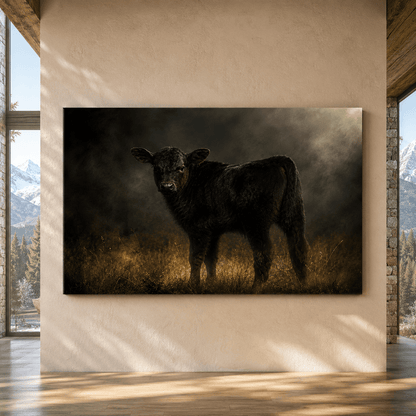 Backlit Black Angus Calf Wrapped Canvas Wall Art – Moody Fine Art Cattle Photography Print - ART OF ROYALS
