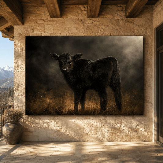 Backlit Black Angus Calf Wrapped Canvas Wall Art – Moody Fine Art Cattle Photography Print - ART OF ROYALS