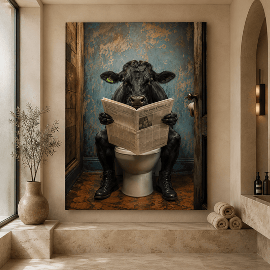 Bull Reading Newspaper on Toilet Wrapped Canvas Wall Art – Funny Bathroom Novelty Print - ART OF ROYALS