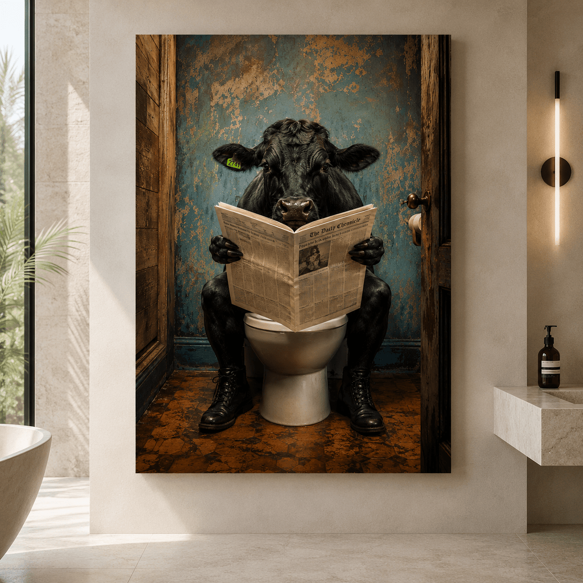 Bull Reading Newspaper on Toilet Wrapped Canvas Wall Art – Funny Bathroom Novelty Print - ART OF ROYALS