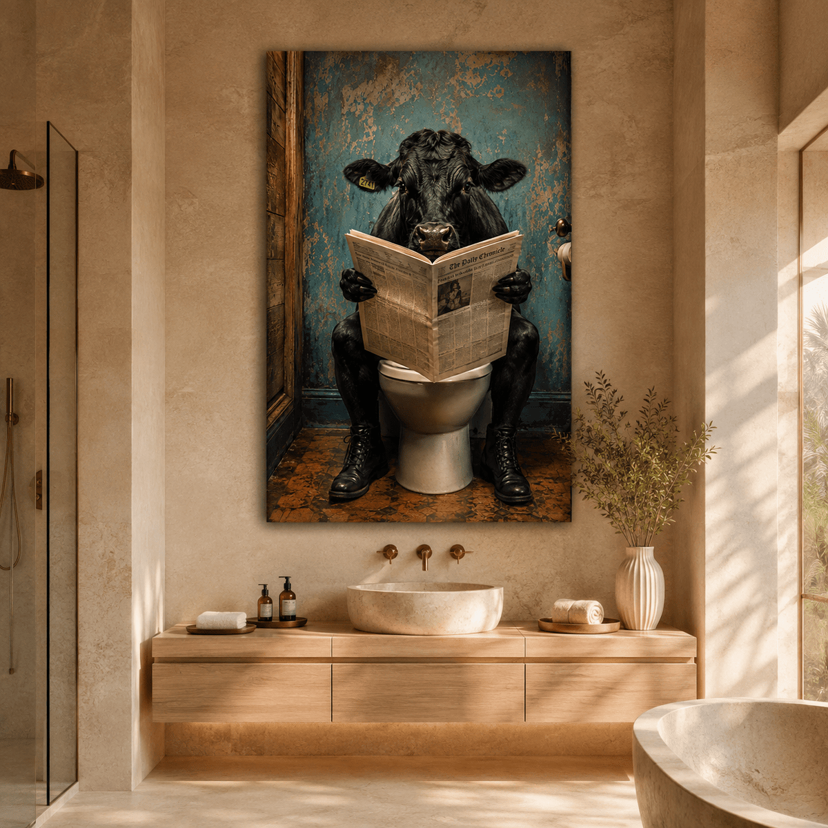 Bull Reading Newspaper on Toilet Wrapped Canvas Wall Art – Funny Bathroom Novelty Print - ART OF ROYALS