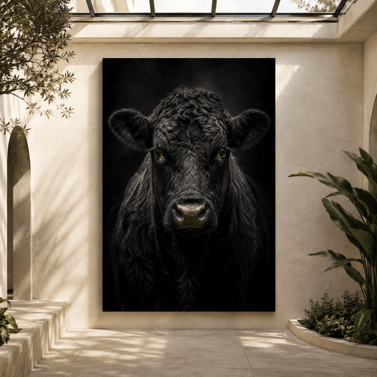 Black Angus Bull Close-Up Portrait Wrapped Canvas Wall Art – Dramatic Low-Key Photography Print - ART OF ROYALS