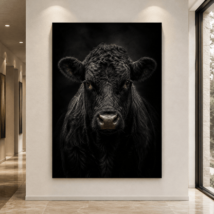 Black Angus Bull Close-Up Portrait Wrapped Canvas Wall Art – Dramatic Low-Key Photography Print - ART OF ROYALS